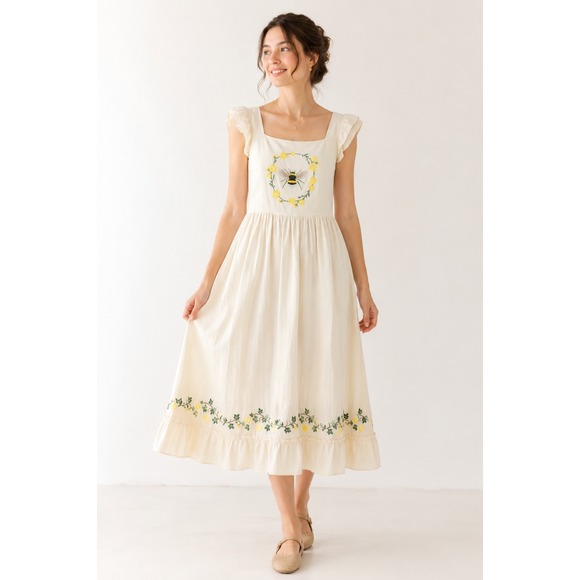 ROMWE Dresses & Skirts - Romwe Cream Embroidered Bee Floral Midi Dress Cottagecore Ruffle Sleeve Medium